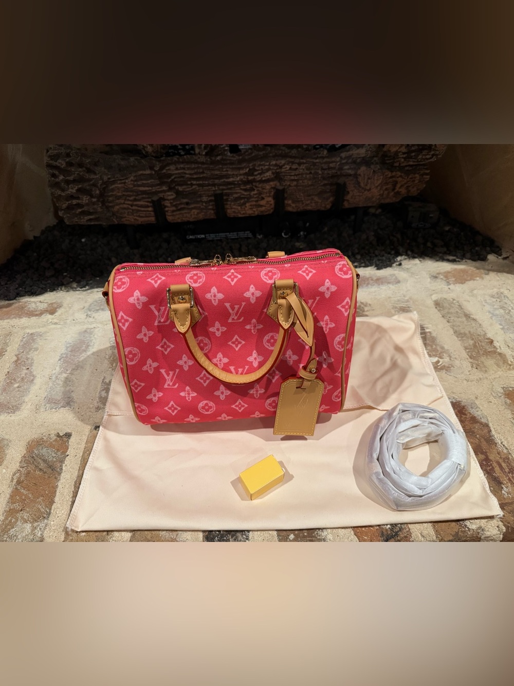 New Pink Monogram Speedy-Style Tote with Tan Trim